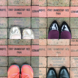 Four pictures of feet in front of AIA brick.